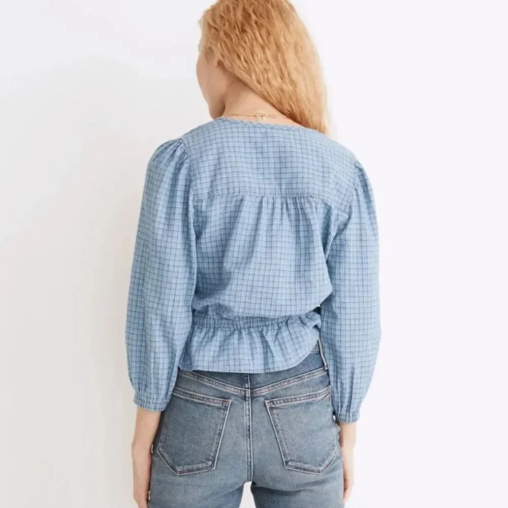 Madewell Chambray Puff-Sleeve Peplum Top in Windowpane Blue – Size S Style NE213